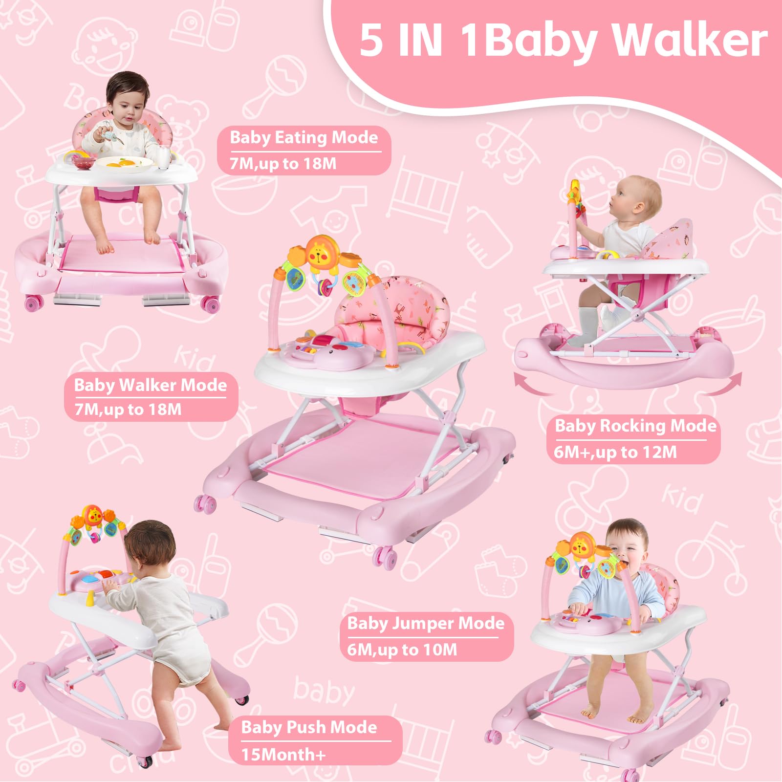 5-in-1 Baby Walker with Wheels and Activity Center