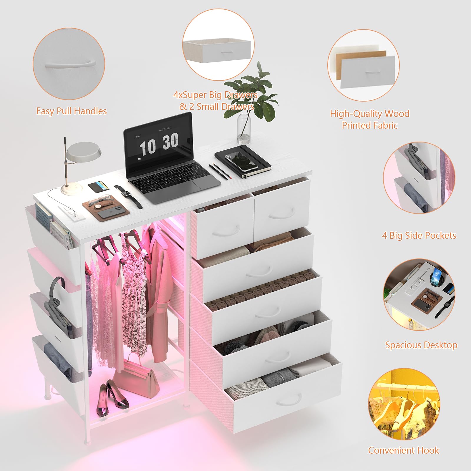 6 Drawer Dresser with Charging Station and LED Lights