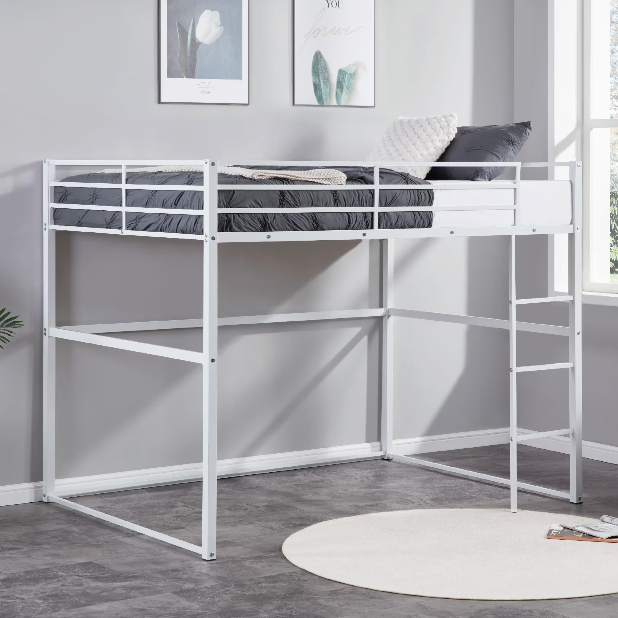 Twin Metal Loft Bed with Safety Guard Rails, Flat Ladder, Metal Slat