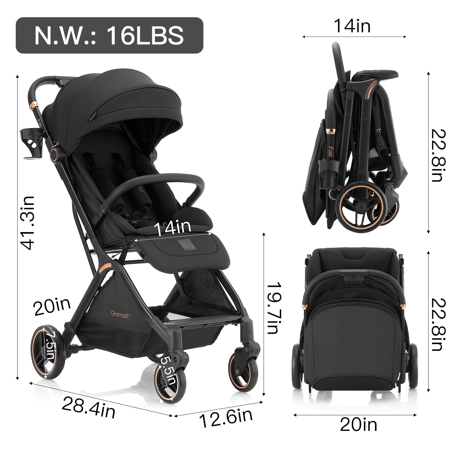 Gravity Folding Baby Stroller - Portable Travel Toddler Stroller w/Adjustable Backrest