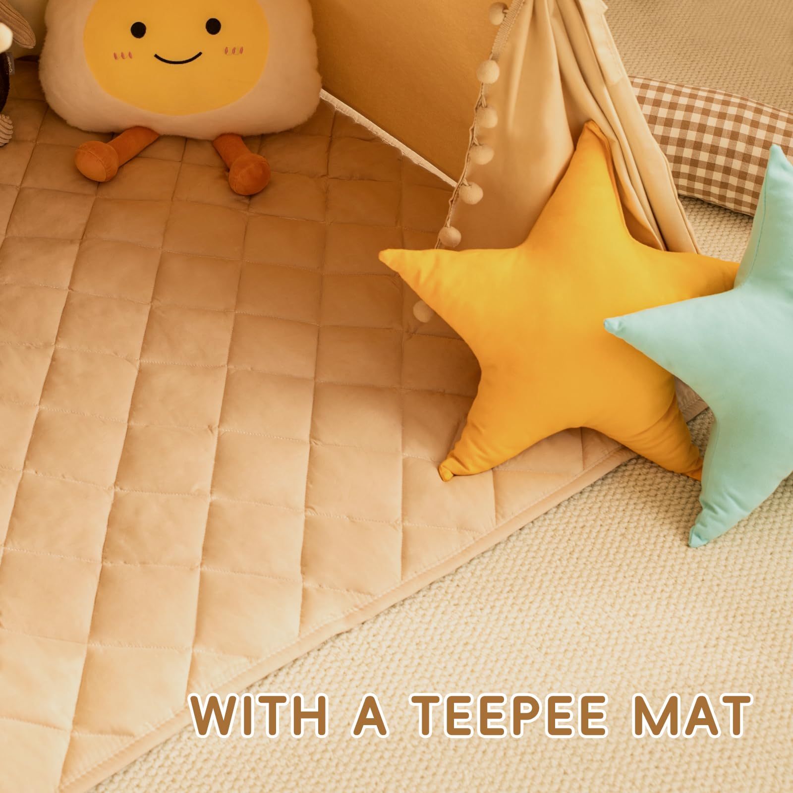 WIRHAO Teepee Tent for Kids with Mat, Cotton Canvas Kids Teepee with Pompom for Toddlers Indoor Play Tent for Girls Boys with Stars Lights, Carry Bag, Banner Flag (Khaki)