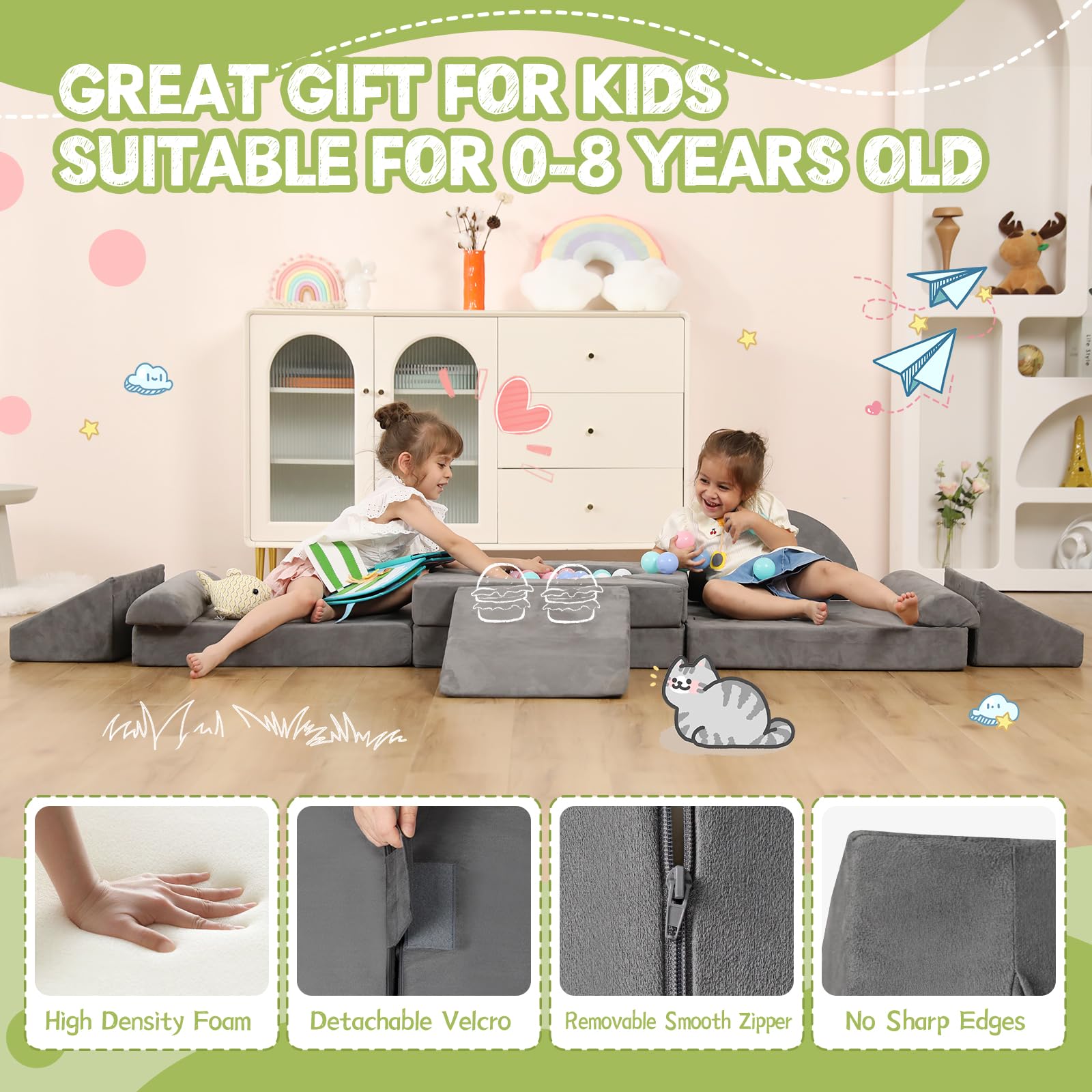 12-Piece Modular Kids Play Couch - Convertible Foam Climbing Sofa