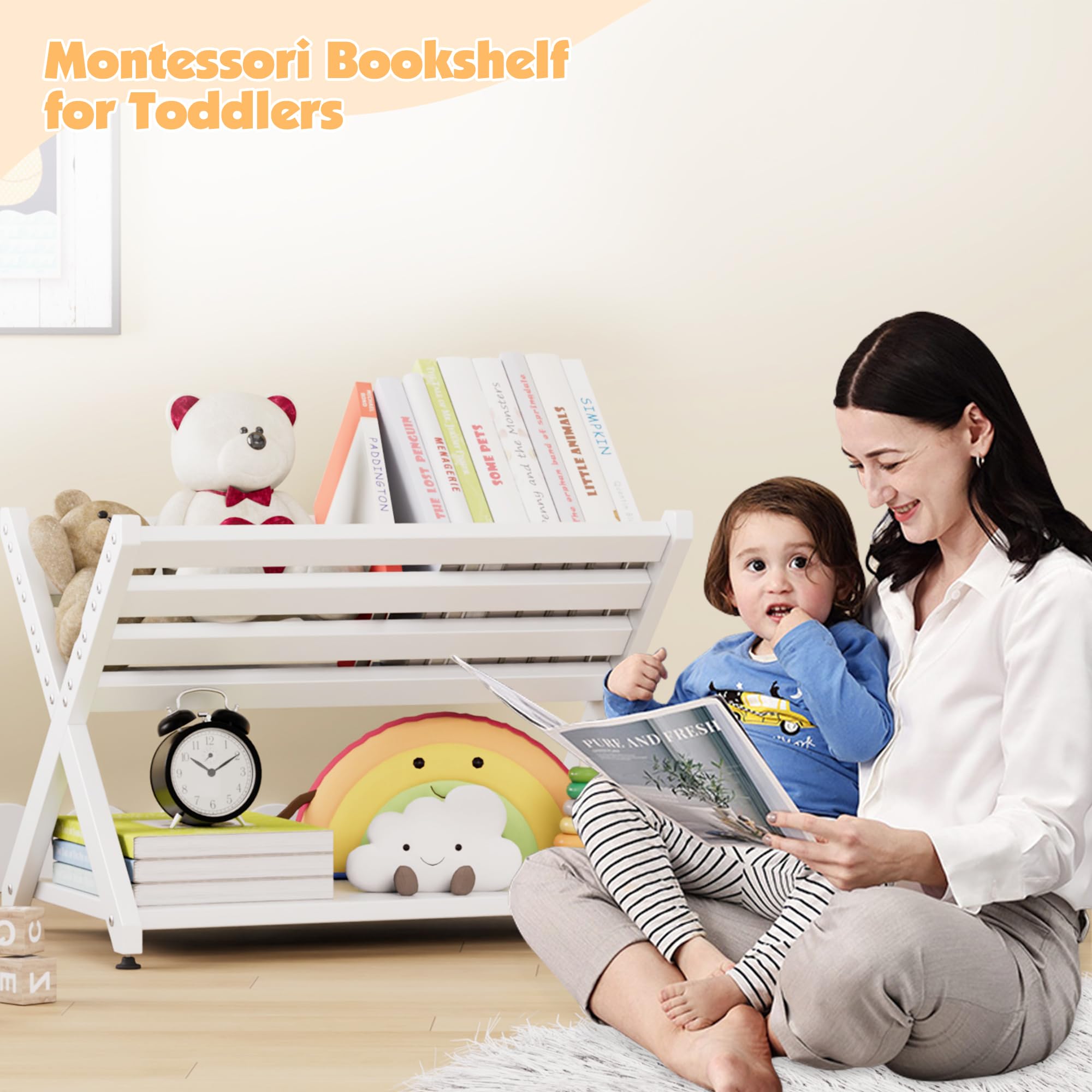 Montessori Tilted Kids Bookshelf, Toddler Bookcase X-Shape Display Shelf for Playroom