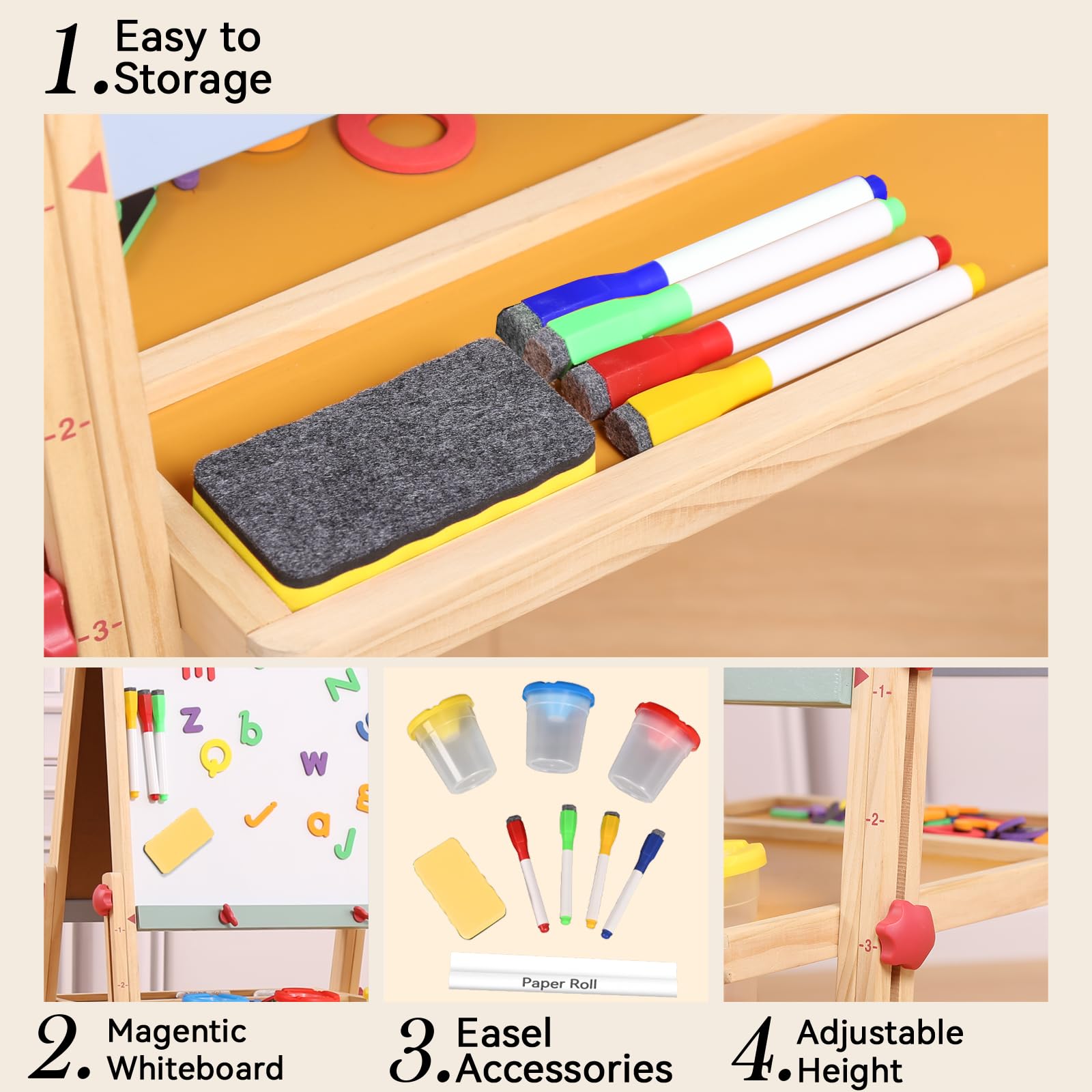 Wingyz 3-in-1 Adjustable Kids Art Easel with Magnetic Whiteboard & Chalkboard - Double-Side Wooden Drawing Board, 3 Paint Pots & Eraser - Creative Gift for Toddlers Ages 2-4, 4-8, 8-12