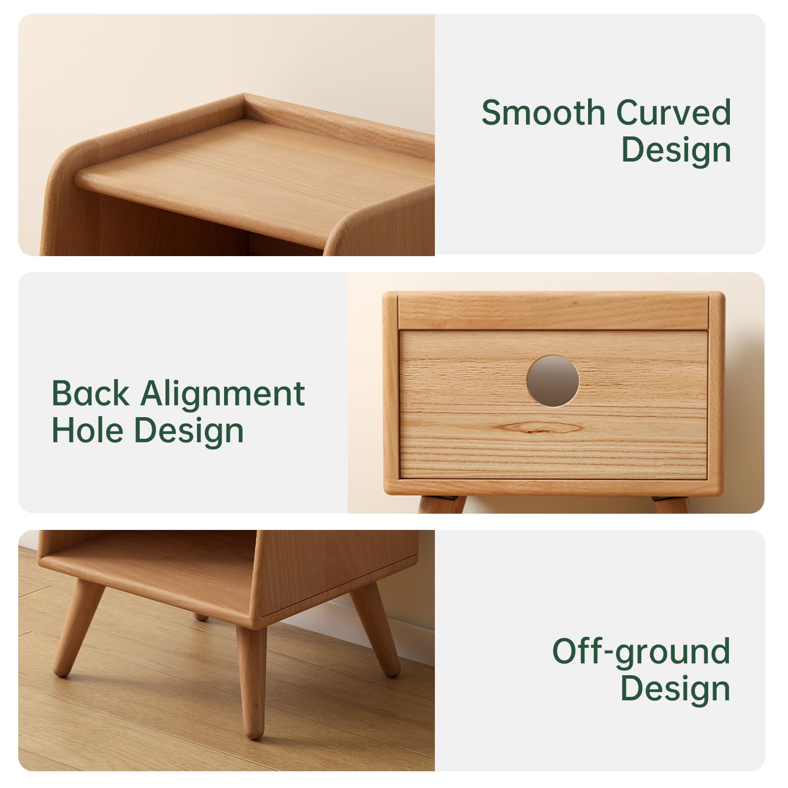 Solid Wood Nightstand with Open Storage Shelf