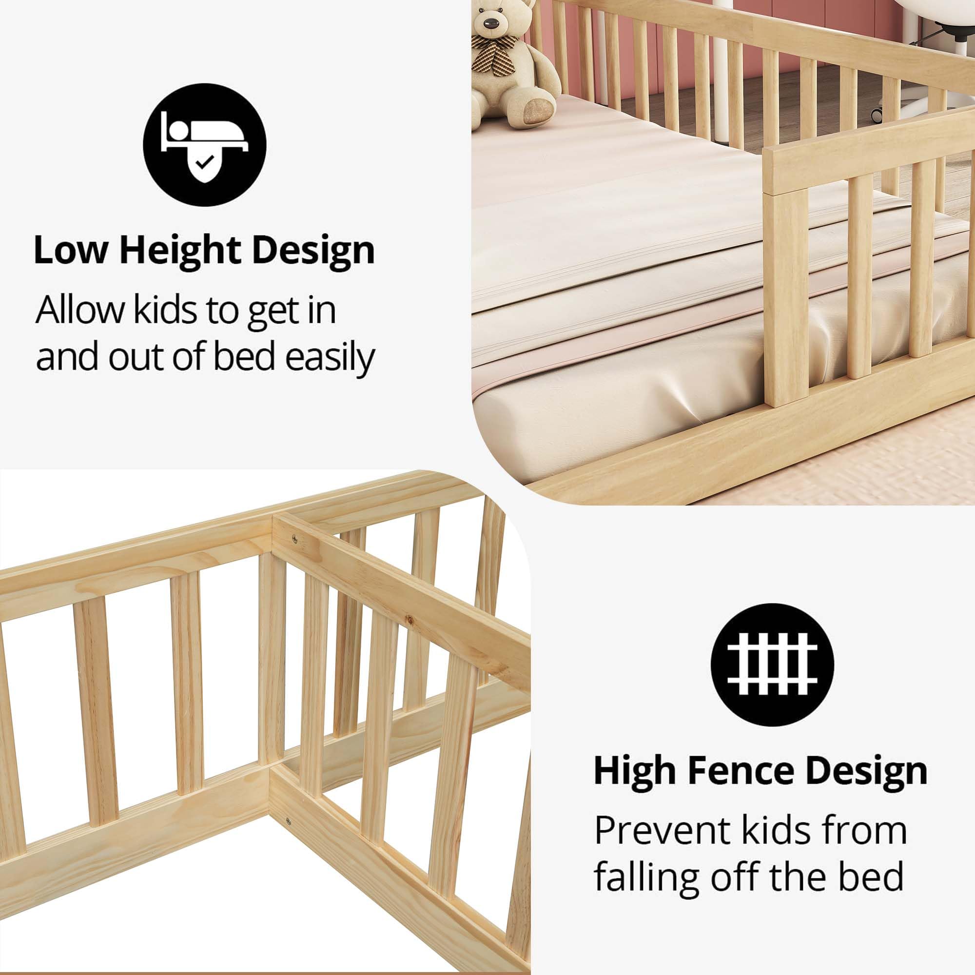 Montessori Floor Bed for 2 Kids with Fence Railings