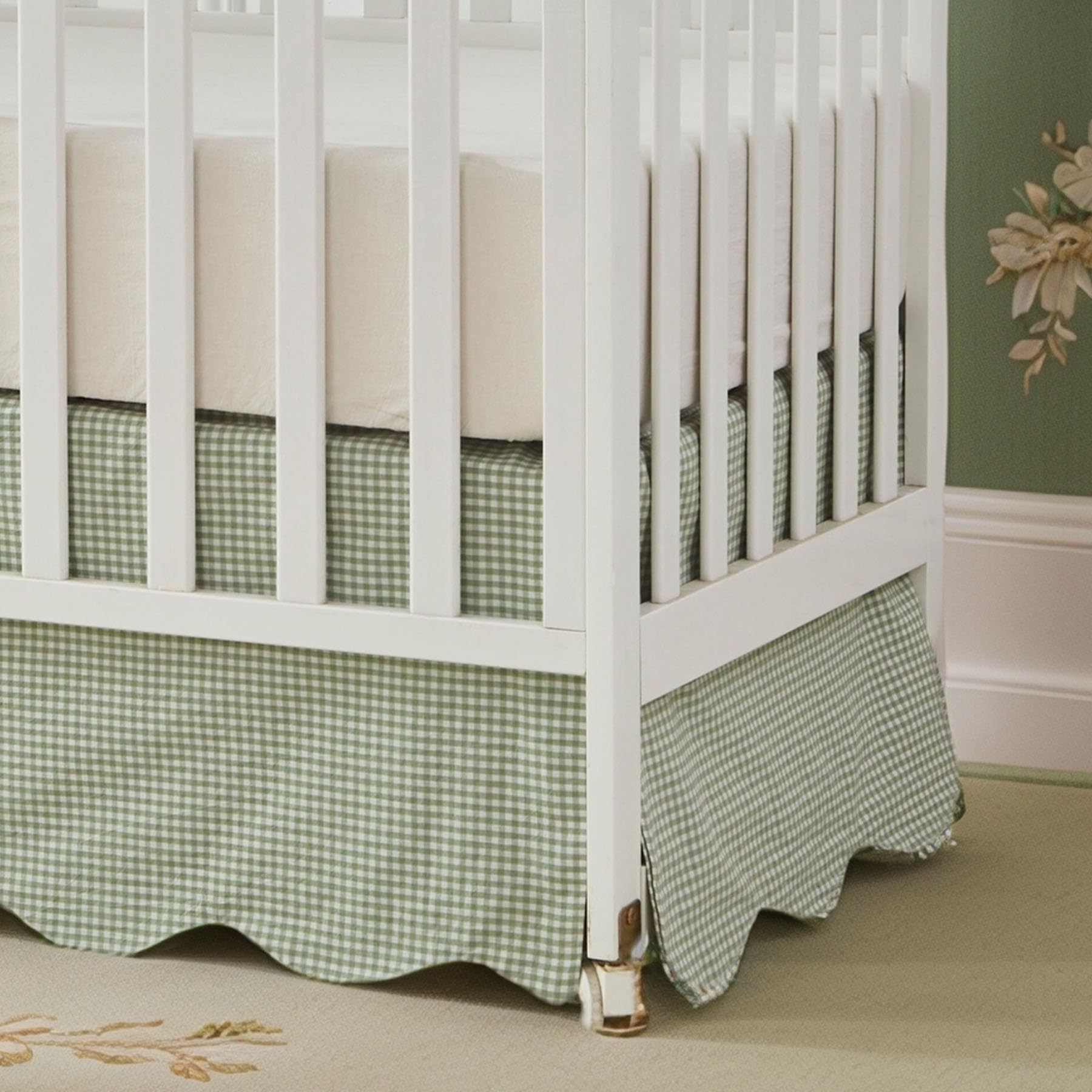 Brandream Scallop Edge Cotton Crib Skirt, Baby Boy, Baby Girl, Gender Neutral Crib Skirt Toddler Bedskirt Farmhouse Chic Nursery Crib Bed Skirt, Boho Bohemian Solid Green Gingham
