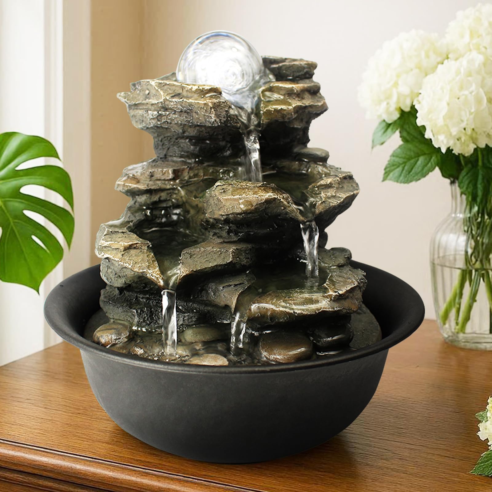Spinning Orb Rock Cascading Tabletop Fountain with LED Light