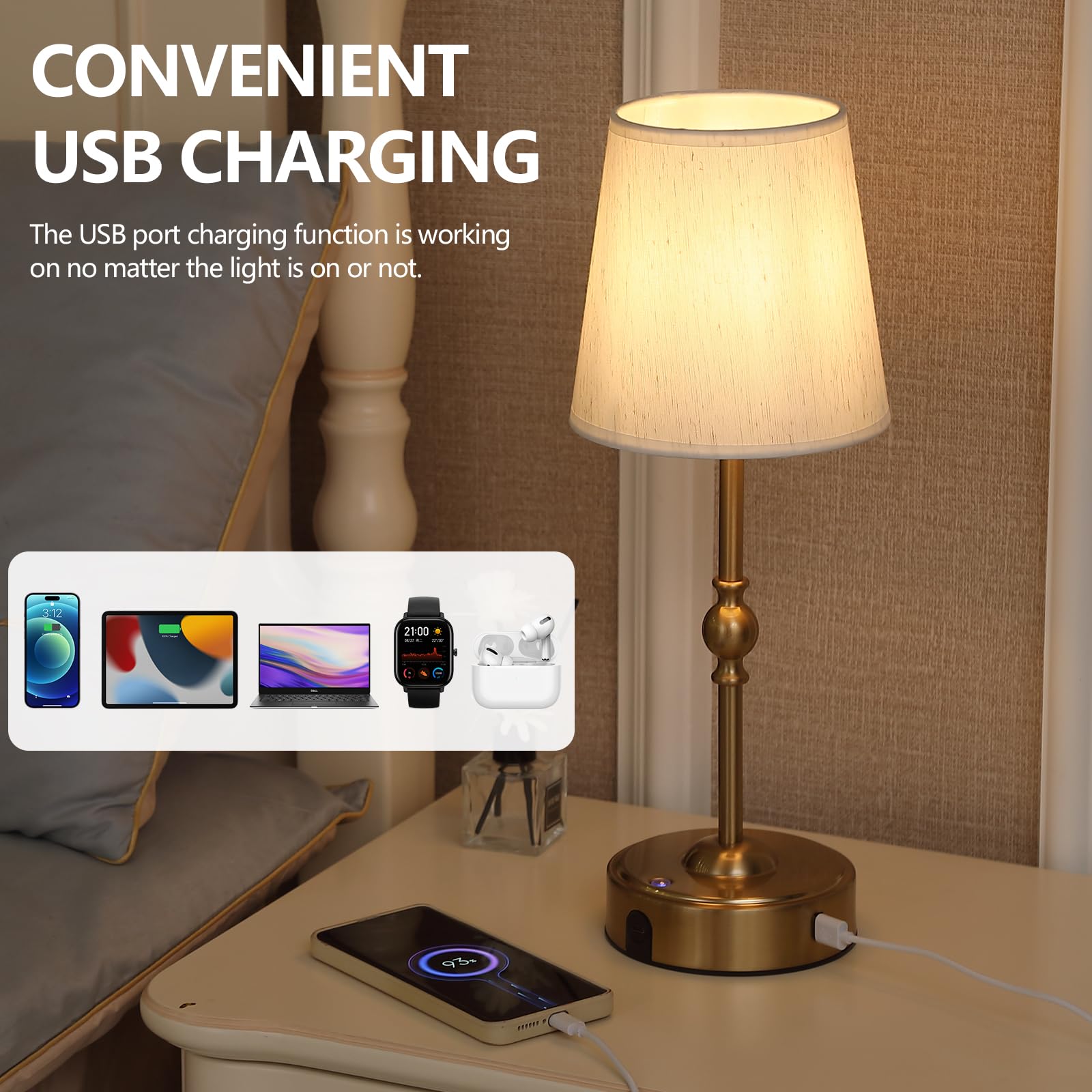 Cordless Rechargeable LED Table Lamp with Dimmer and USB Port