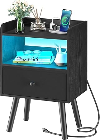 Nightstand with Charging Station, Modern Night Stand