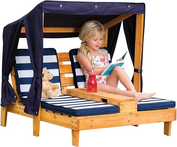 Wooden Outdoor Double Chaise Lounge with Cup Holders