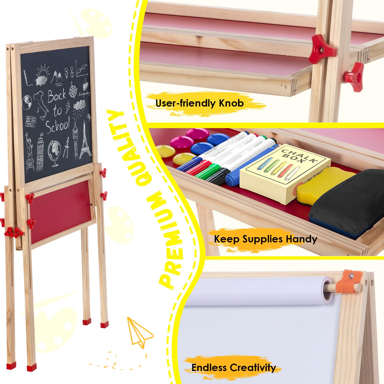 Double Sided Foldable Easel for Kids Adjustable Height Wooden Art Station with Paper Roll and Accessories Ideal Gift for Toddlers Boys Girls Ages 3 4 5 6 7 8 Years Old