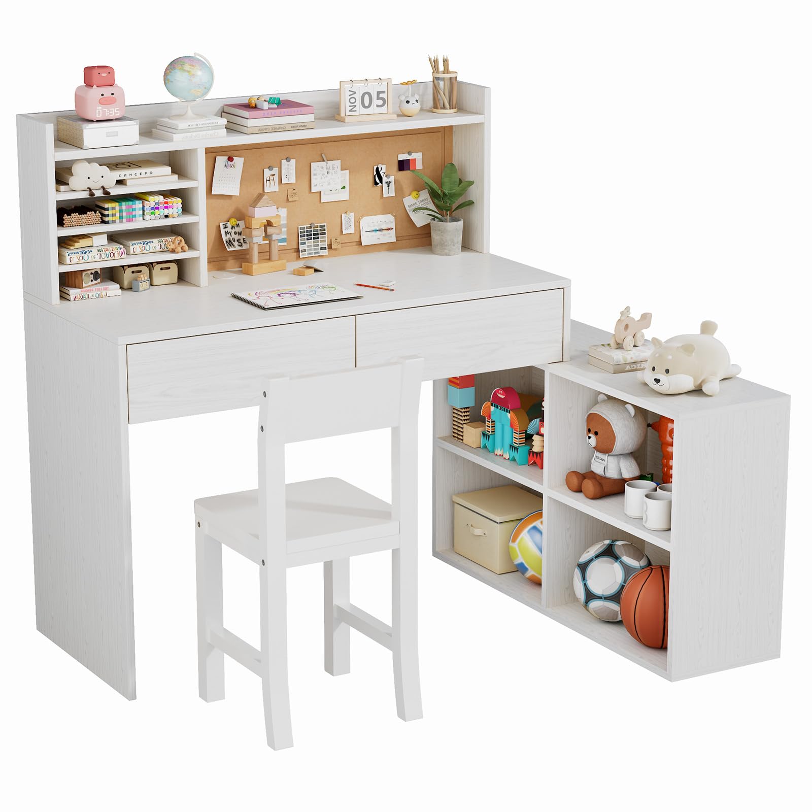 White Wooden Kids Desk and Chair Set with Storage Cabinet