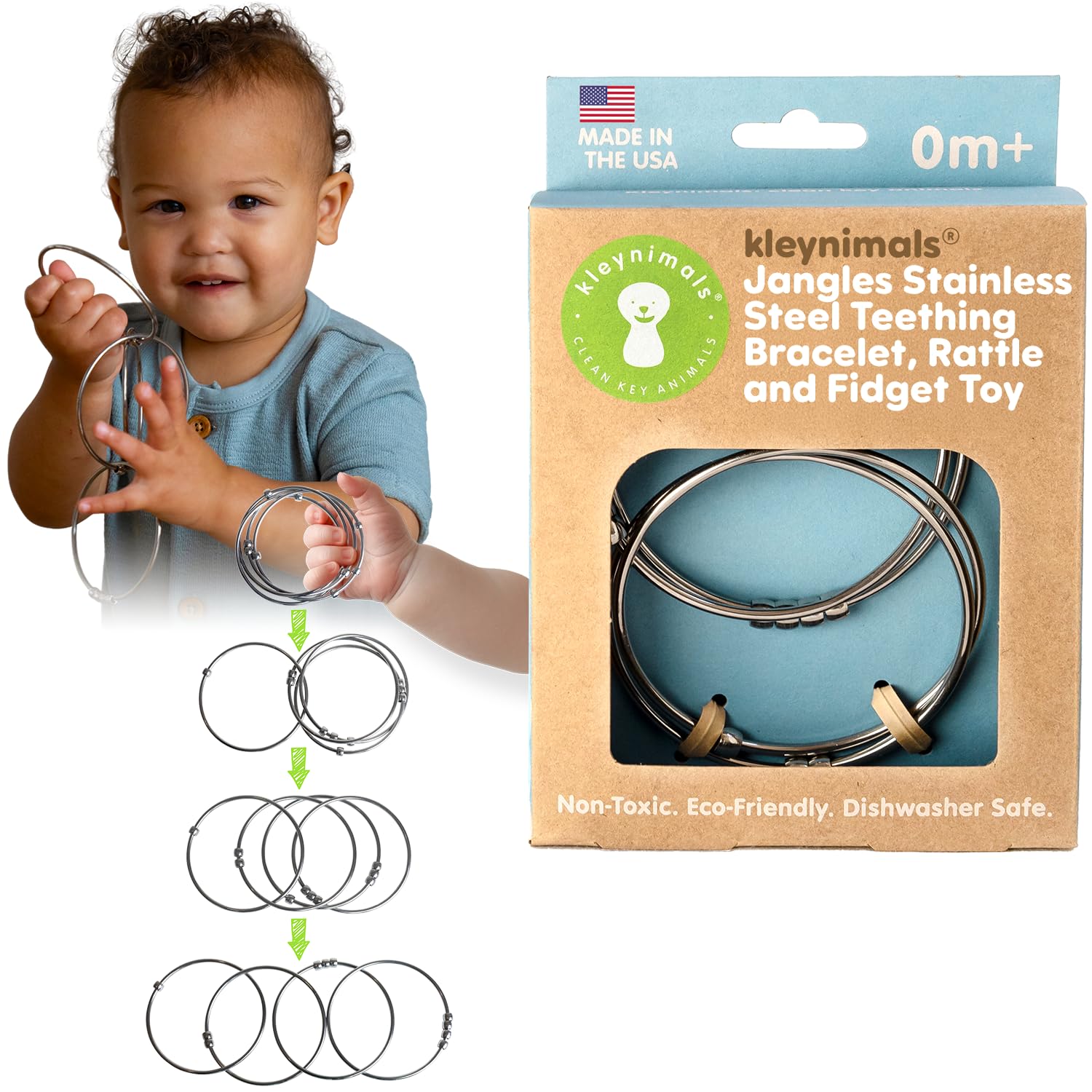 USA Stainless Steel Baby Rattle, Teether, Teething Bracelet & Fidget