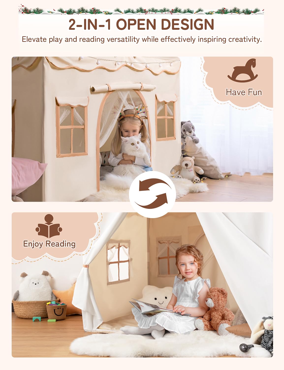 Kids Play Tent with Padded Mat and Lights