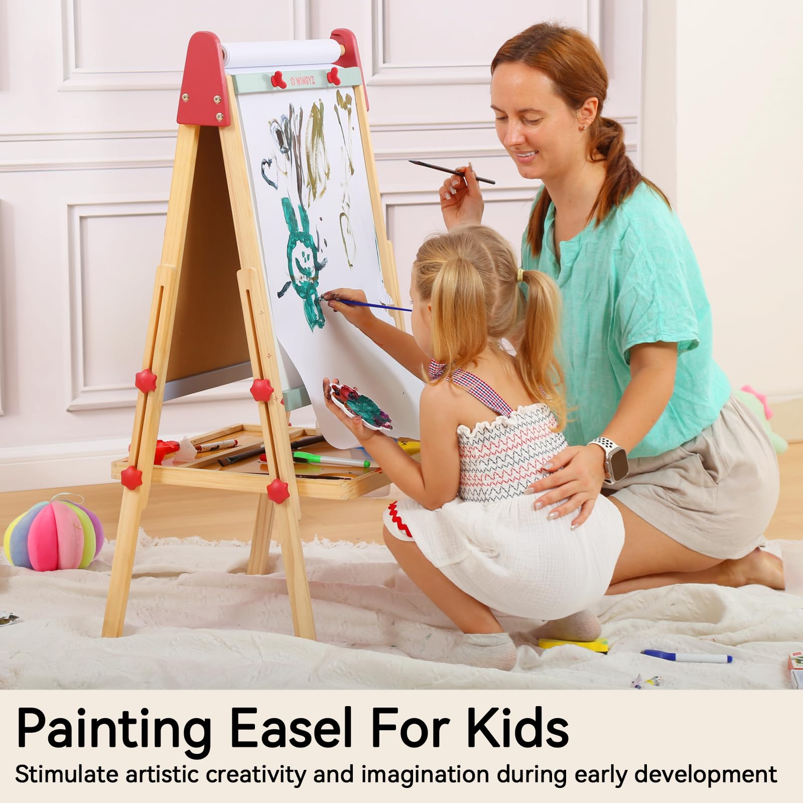 Wingyz 3-in-1 Adjustable Kids Art Easel with Magnetic Whiteboard & Chalkboard - Double-Side Wooden Drawing Board, 3 Paint Pots & Eraser - Creative Gift for Toddlers Ages 2-4, 4-8, 8-12