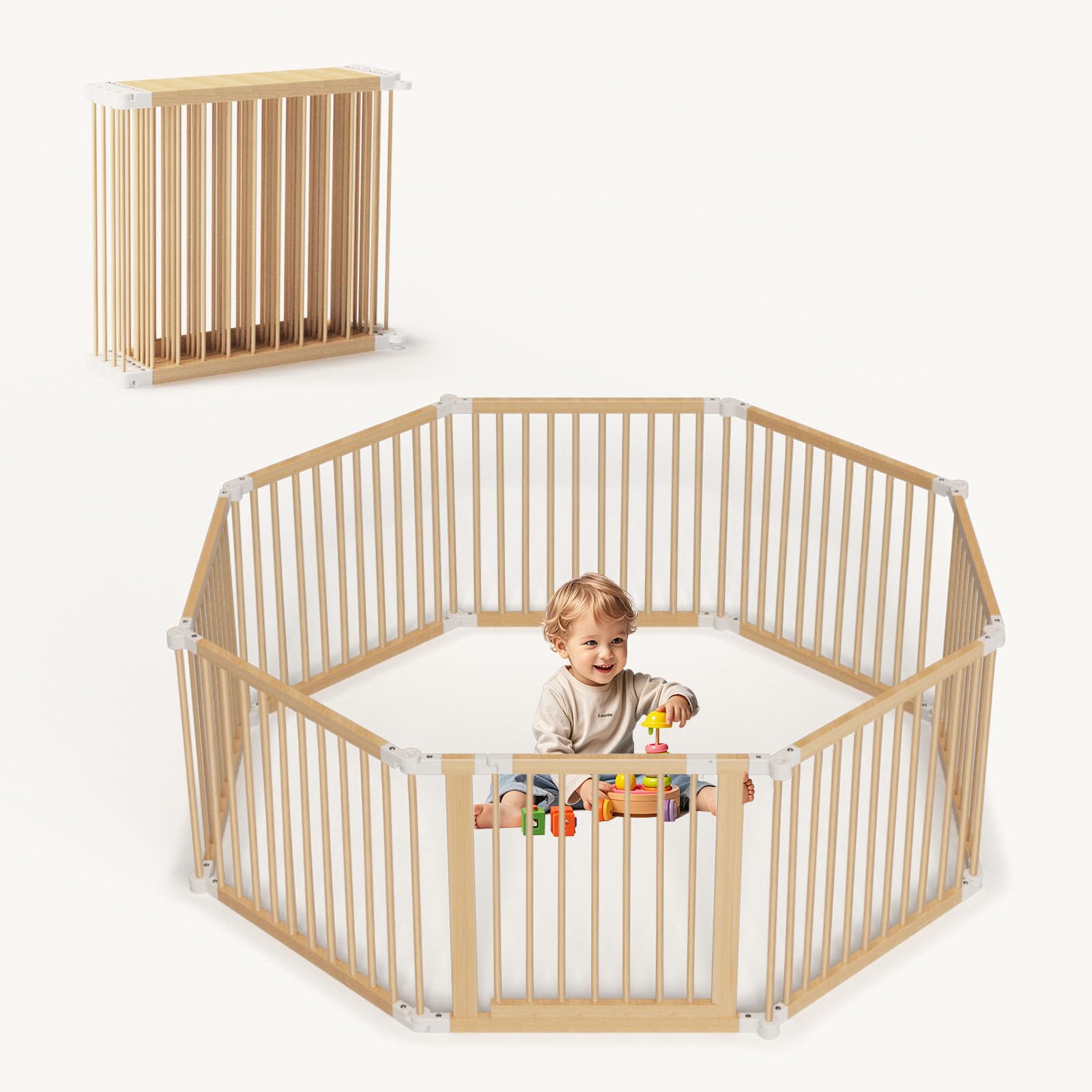 Wooden Baby Playpen, Foldable Large Size Wood Playpen 8 Panels, Adjustable Baby Playard for Babies and Toddlers with Safety Locking Gate, 57"x57"x24"