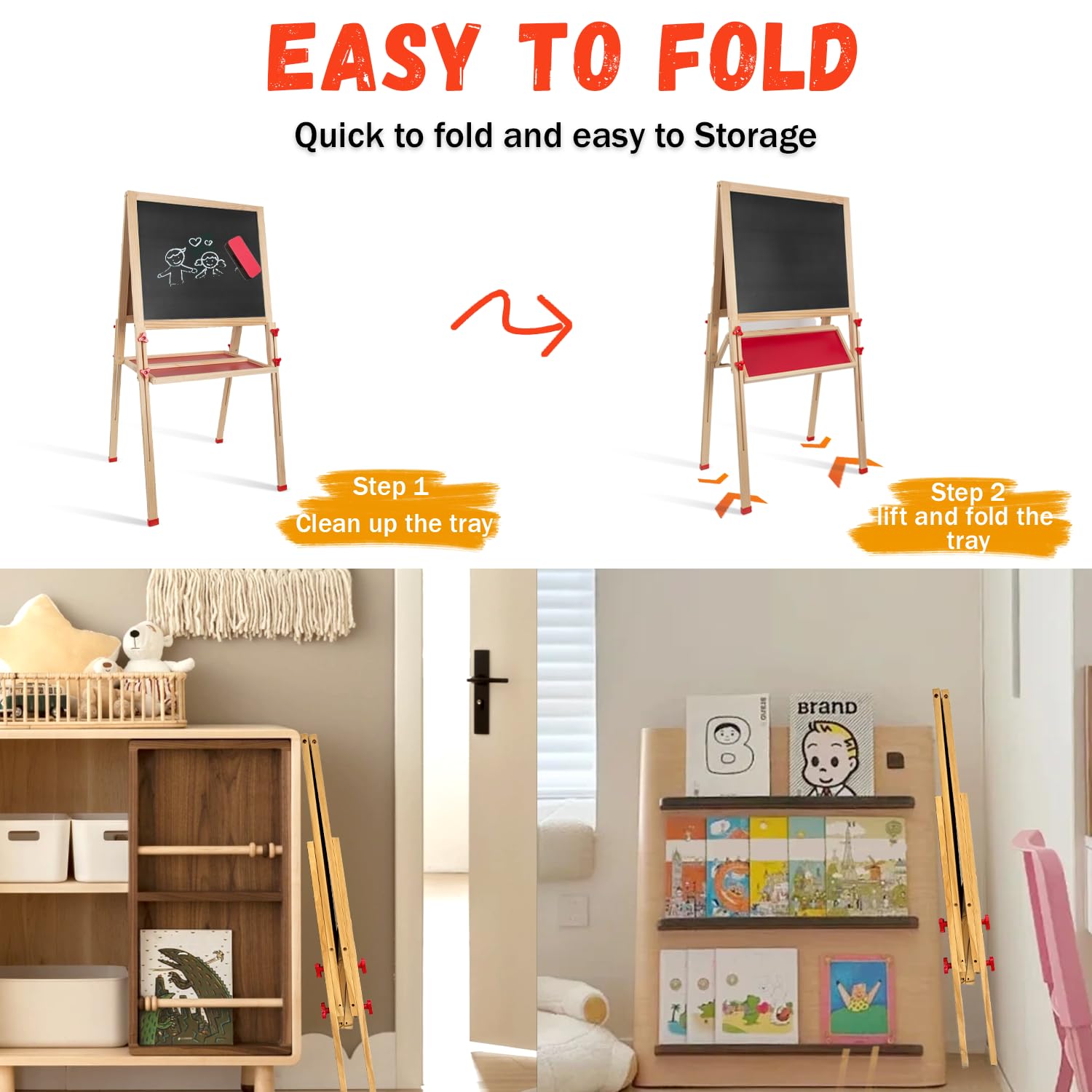 Wooden Art Easel for Kids, Double Sided Foldable Easels for Toddlers 3,4,5,6,7,8,9,10 Years,Adjustable Standing Kids Easel with Accessories, Perfect Painting Gifts for Boys&Girls