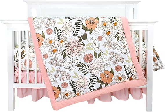 4-Piece Crib Bedding Set for Girls, Pink Baby Girl Bedding Set with Crib Skirt