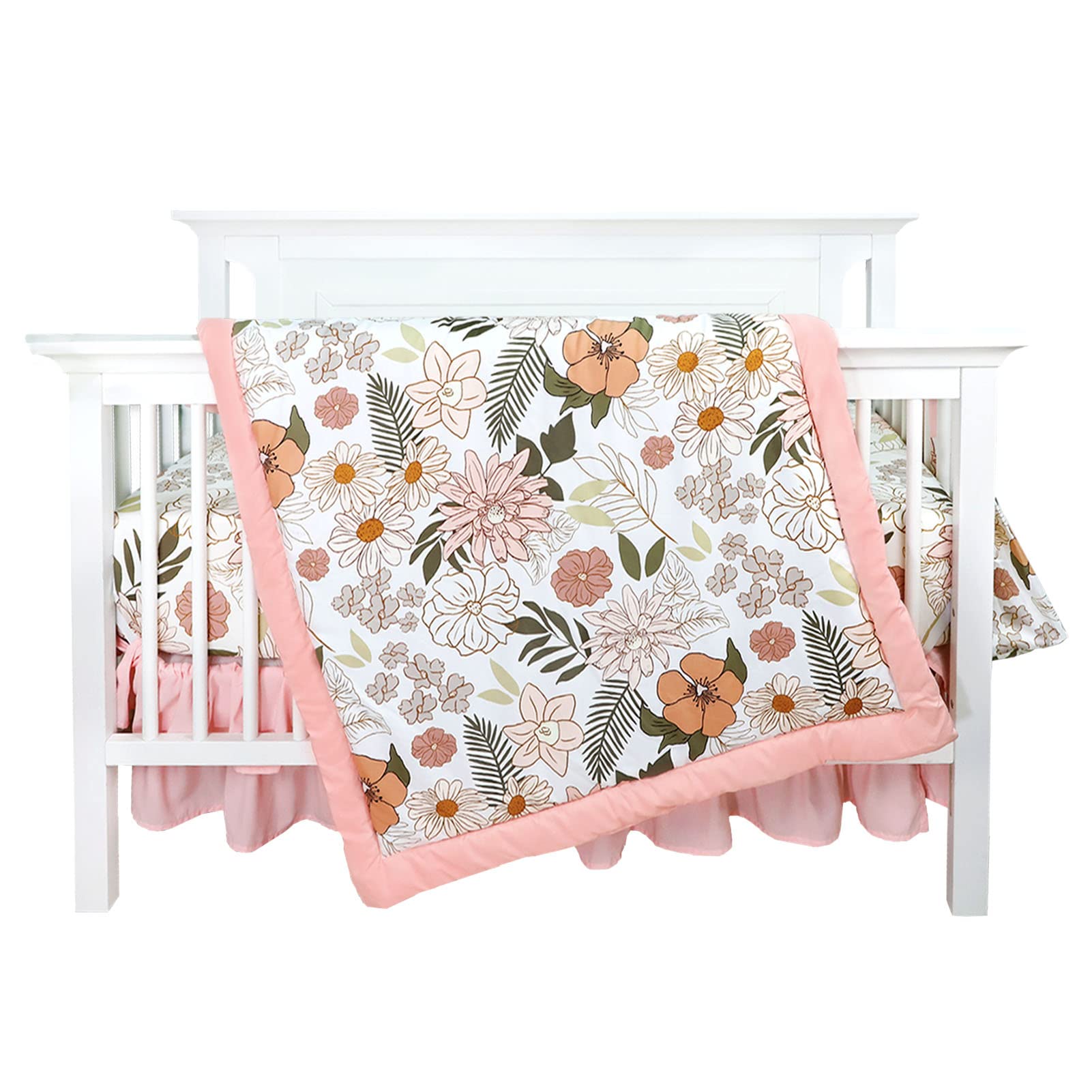 4-Piece Crib Bedding Set for Girls, Pink Baby Girl Bedding Set with Crib Skirt