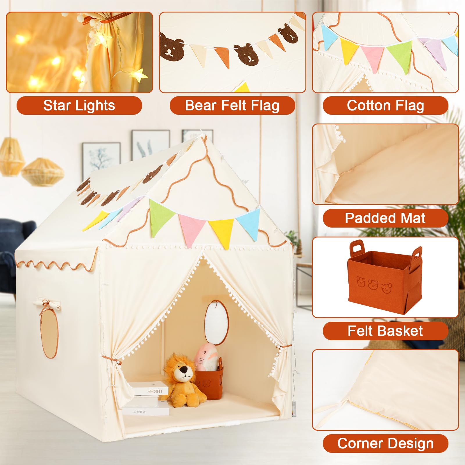 Large Kids Play Tent House with Star Lights, Colorful Flags, Padded Mat & Felt Basket, Indoor Outdoor Playhouse for Boys & Girls Tent Playhouse, 53x51x39 inch (Battery Not Include)