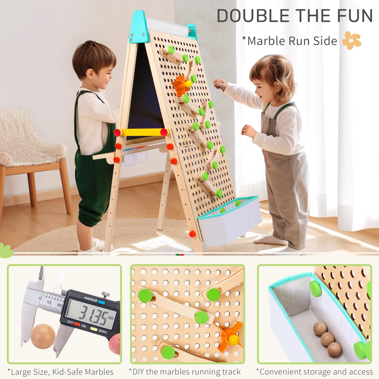 Wingyz 4-in-1 Adjustable Kids Art Easel with Magnetic Whiteboard & Chalkboard - Wooden Drawing Board with Marble Run for Kids- Creative Gift for Toddlers Ages 2-4, 4-8, 8-12