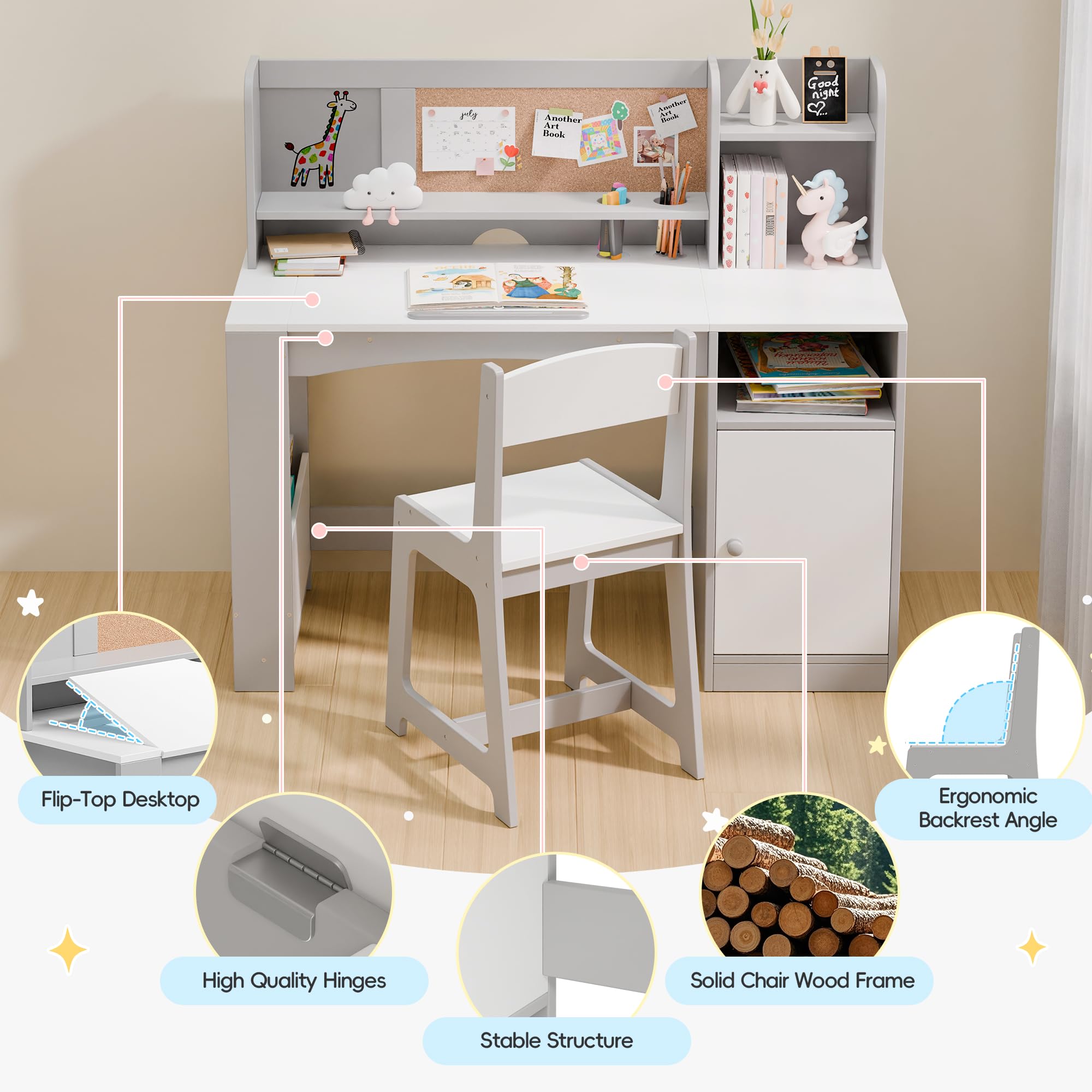 Kids Study Desk with Chair Tiltable Desktop Storage Cabinet