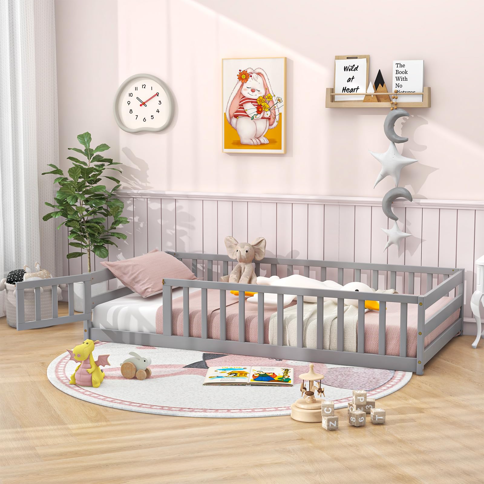 Twin Floor Bed with Door & Fence, Kids Wood Montessori Bed with Safety Guardrails