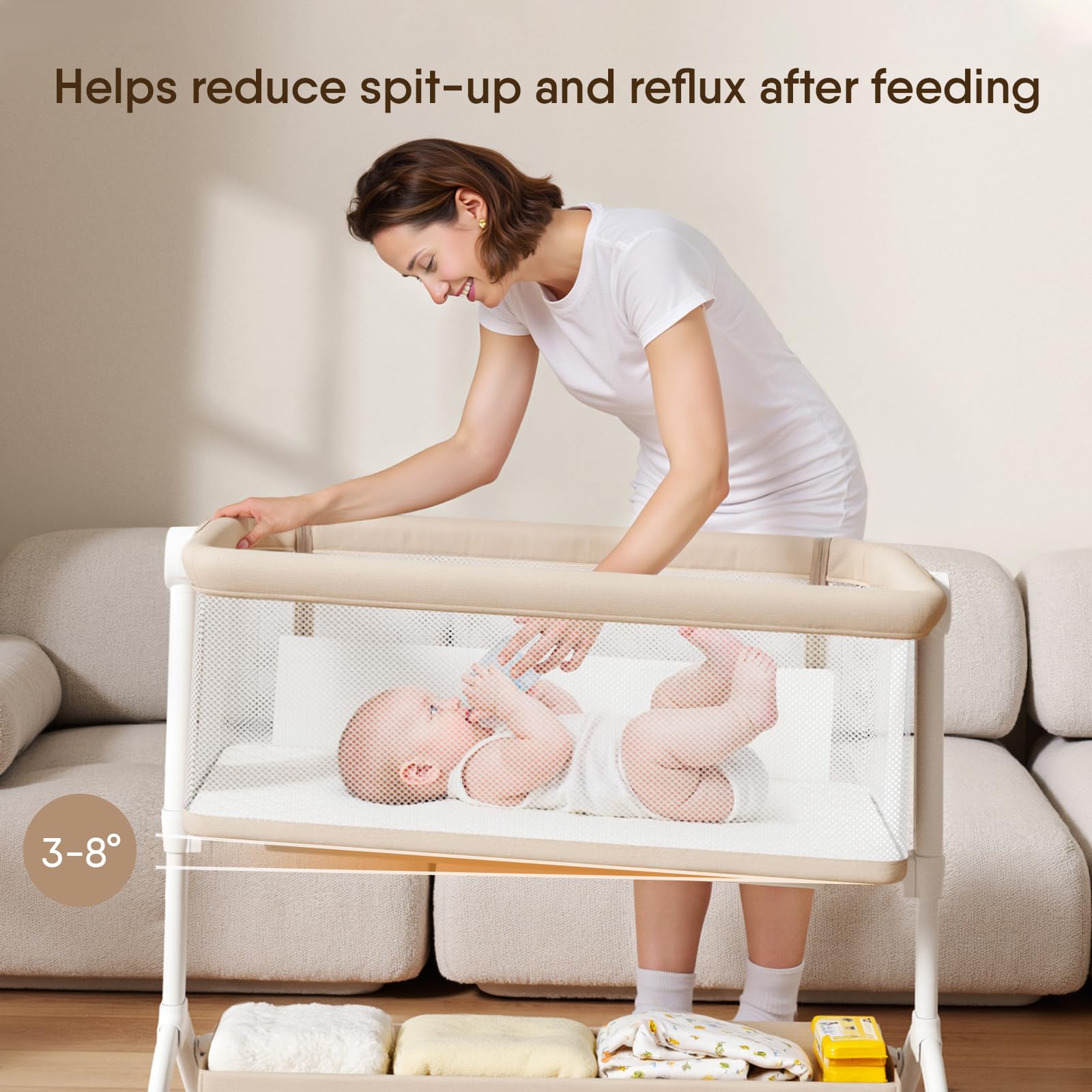 Bedside Bassinet with Breathable Mesh and Adjustable Height