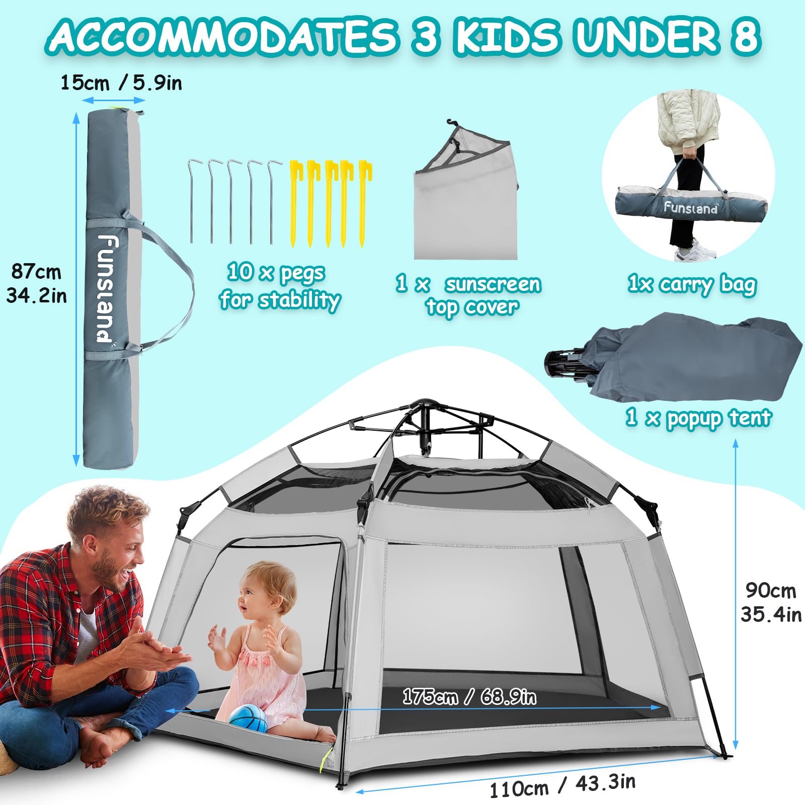 Funsland Baby Playpen Pop-up Tent - Outdoor & Indoor Play Tent for Beach with Canopy Travel Bag Portable Play Yard for Babies & Toddlers (Gray)