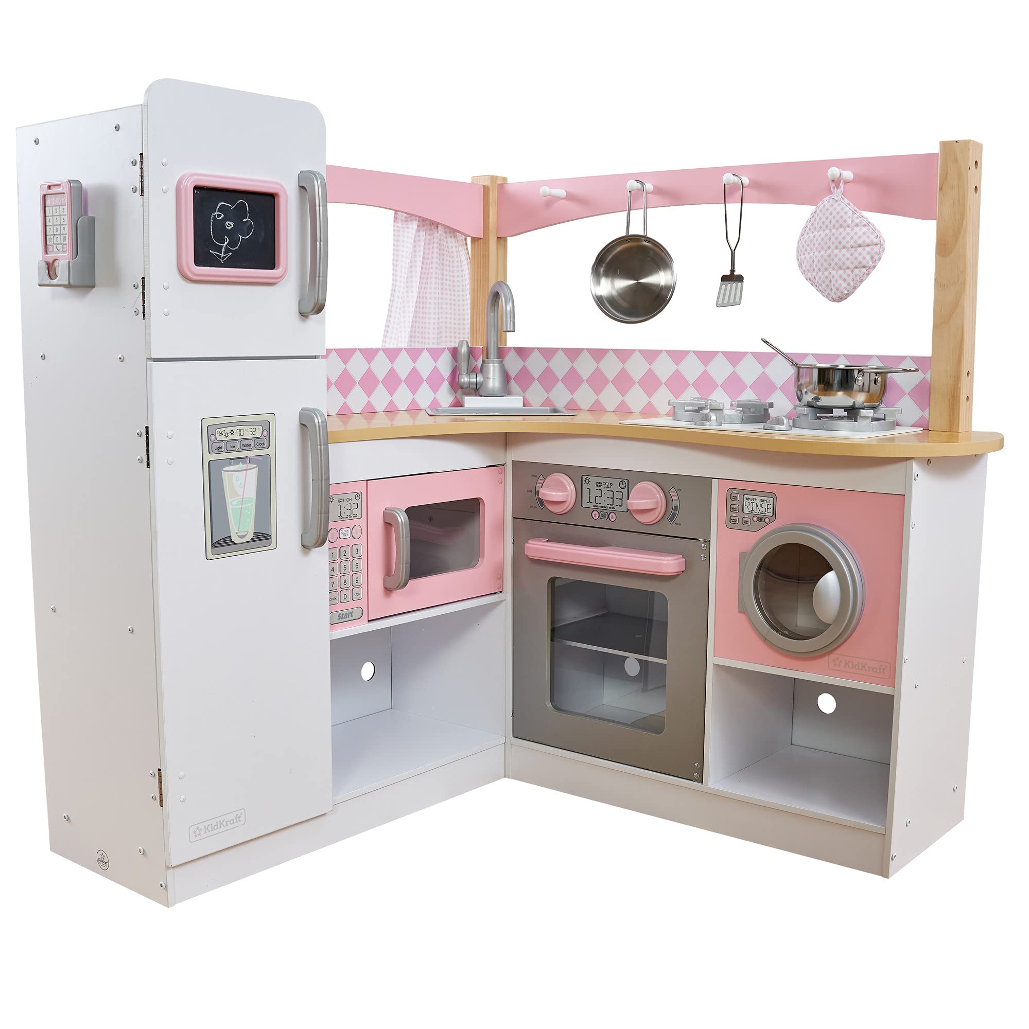 Grand Gourmet Corner Wooden Play Kitchen with Washer, Chalkboard