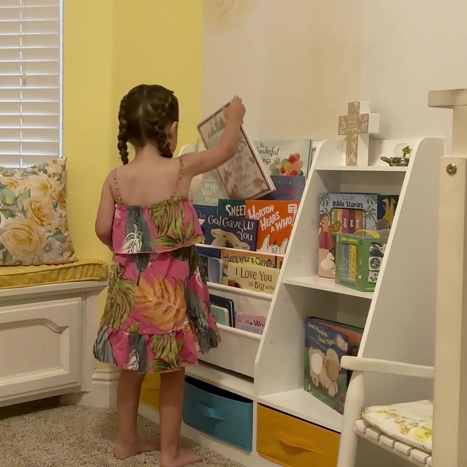 5-Tier Kids Sling Bookshelf with Storage Bins