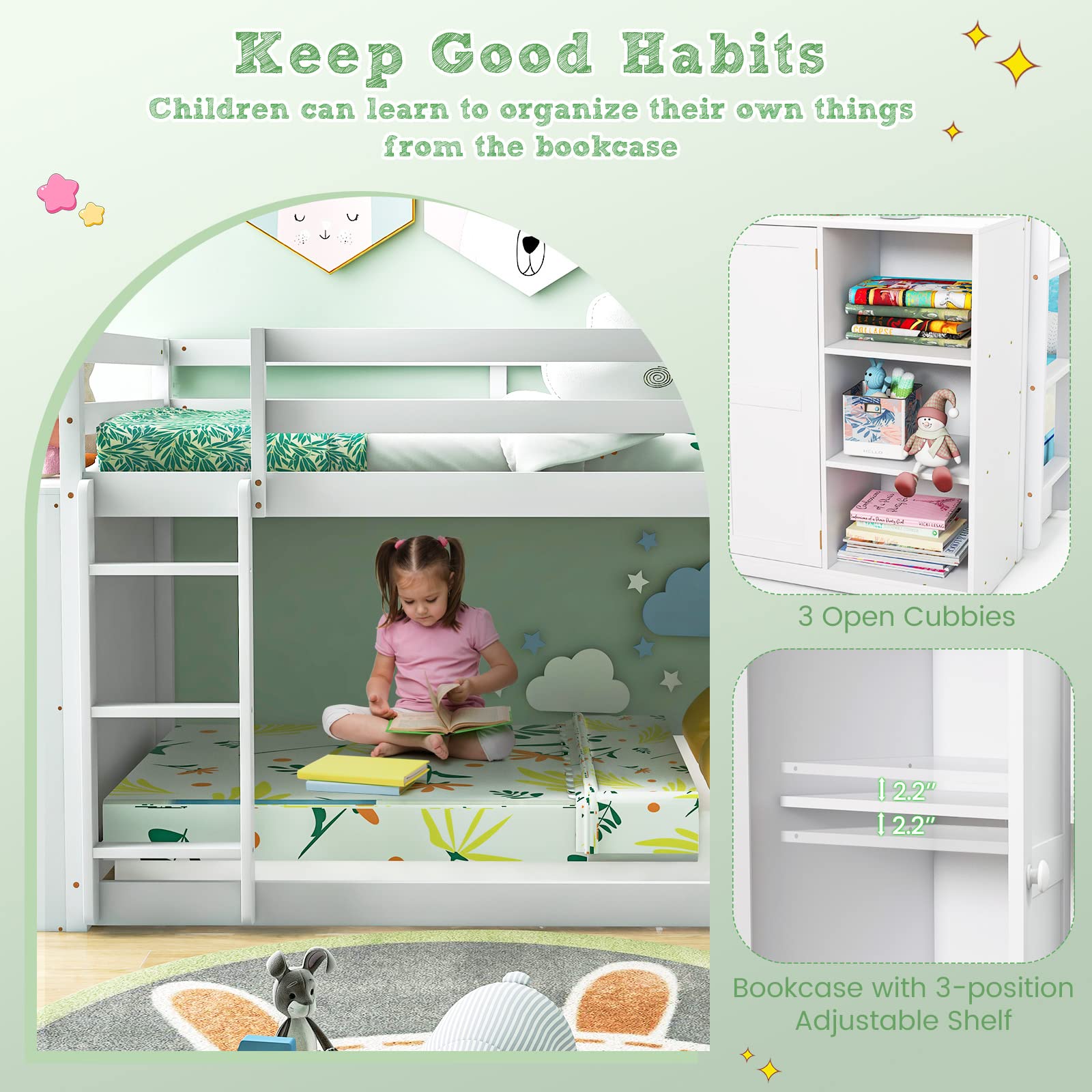 Twin Over Twin Bunk Bed with Storage Shelves