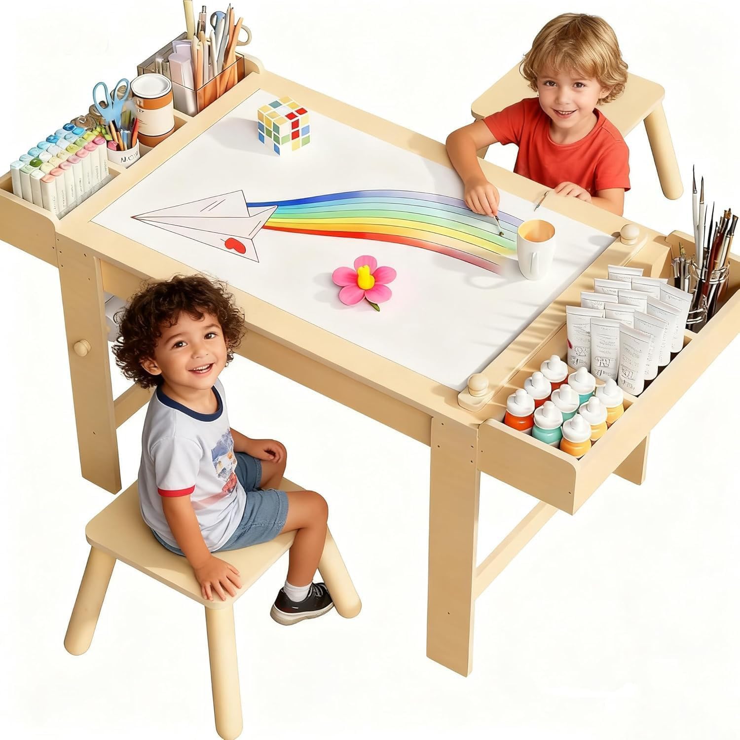 Wooden Kids Art Table and Chairs Set with Storage