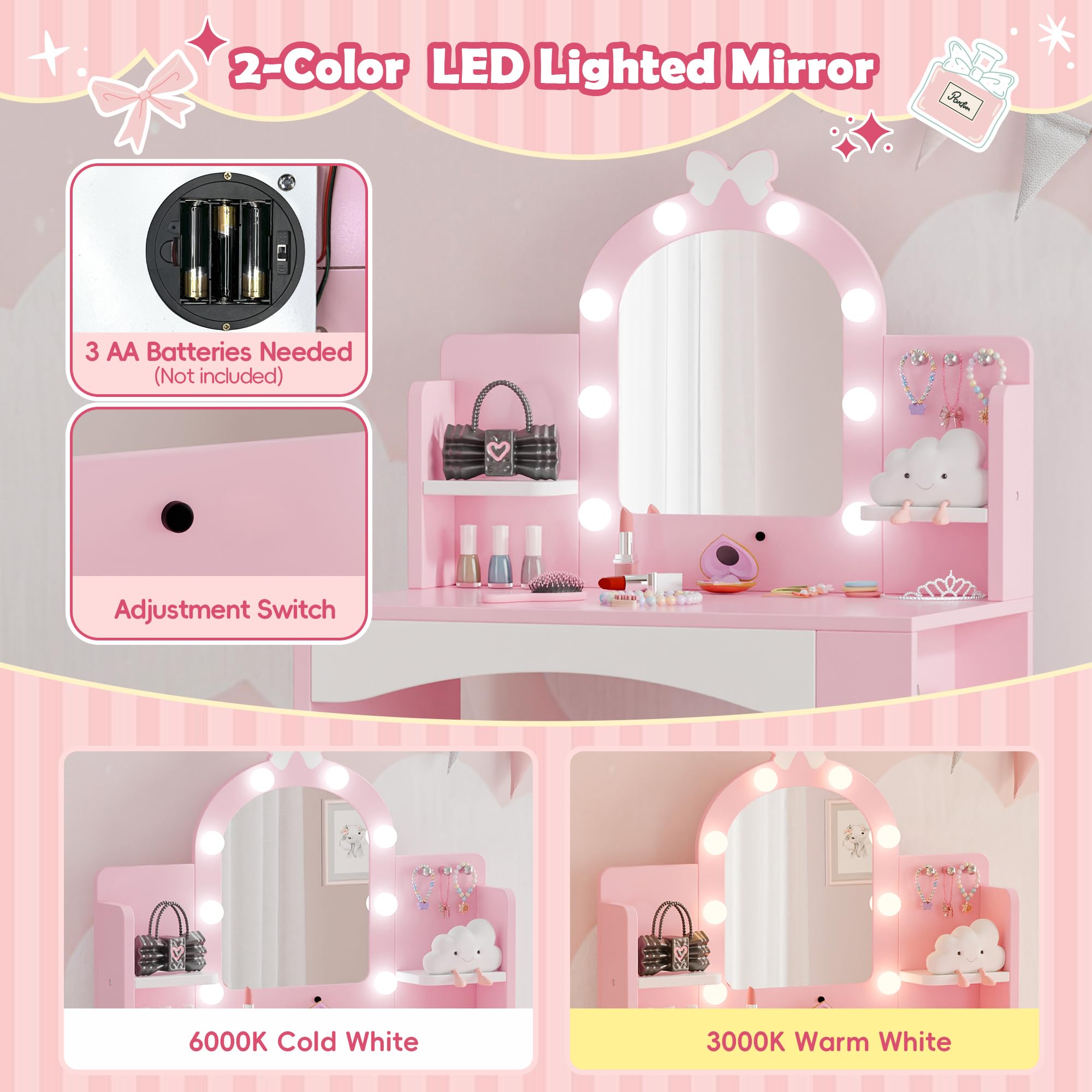 Kids Vanity with LED Mirror and Storage