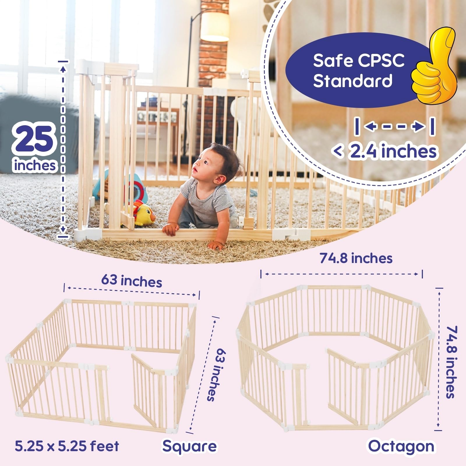 Foldable Wooden Baby Playpen 63x63x25 Inch