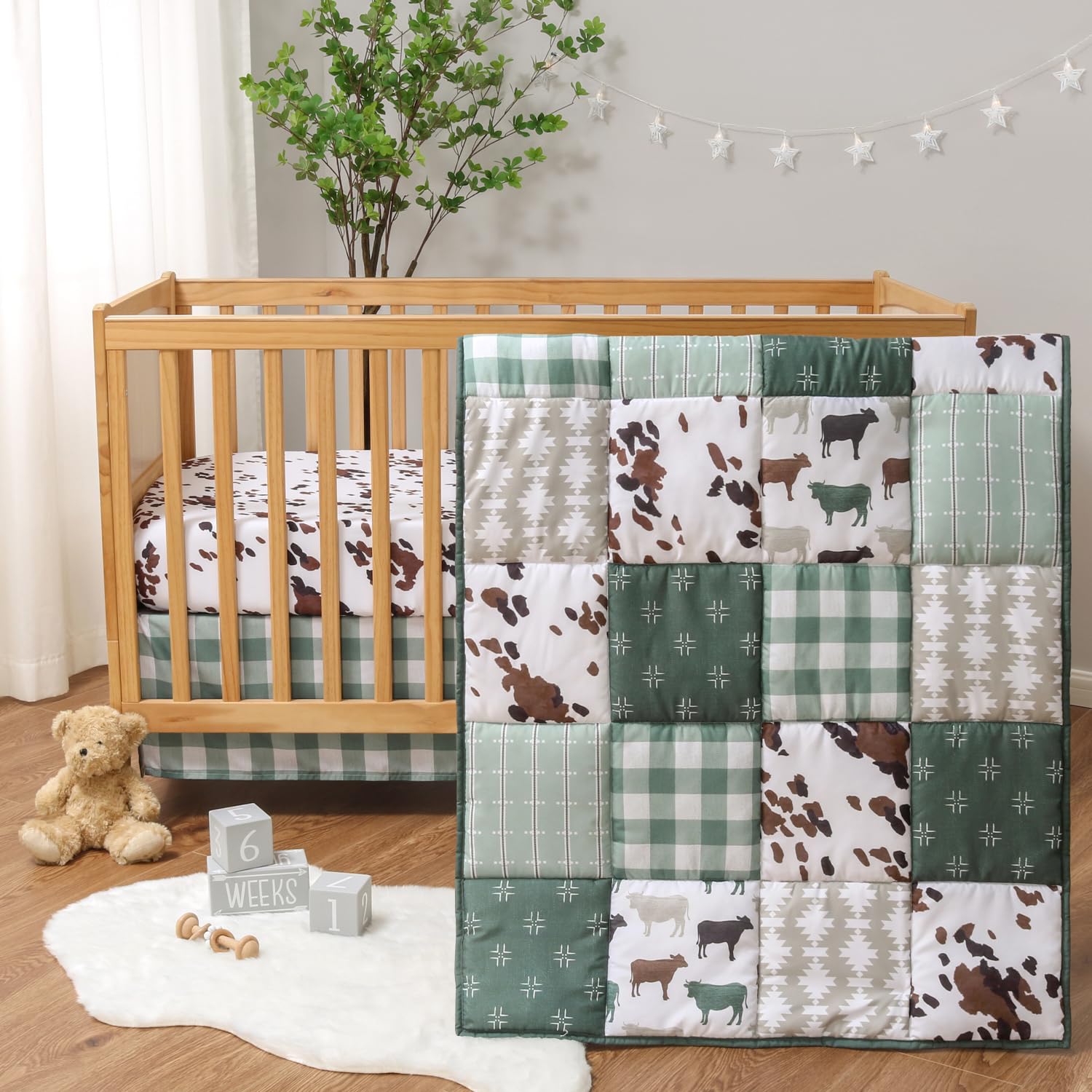 3-Piece Crib Bedding Set - Boho Farmhouse Cow Print