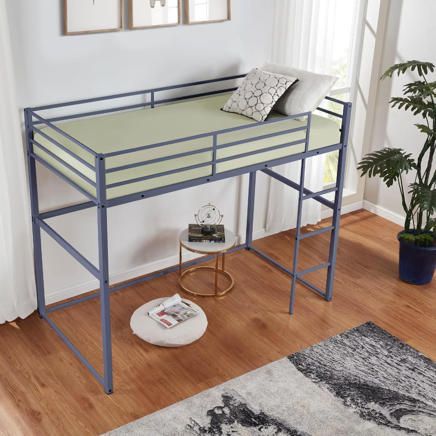 Full Size Metal Loft Bed with Ladder and Safety Rails