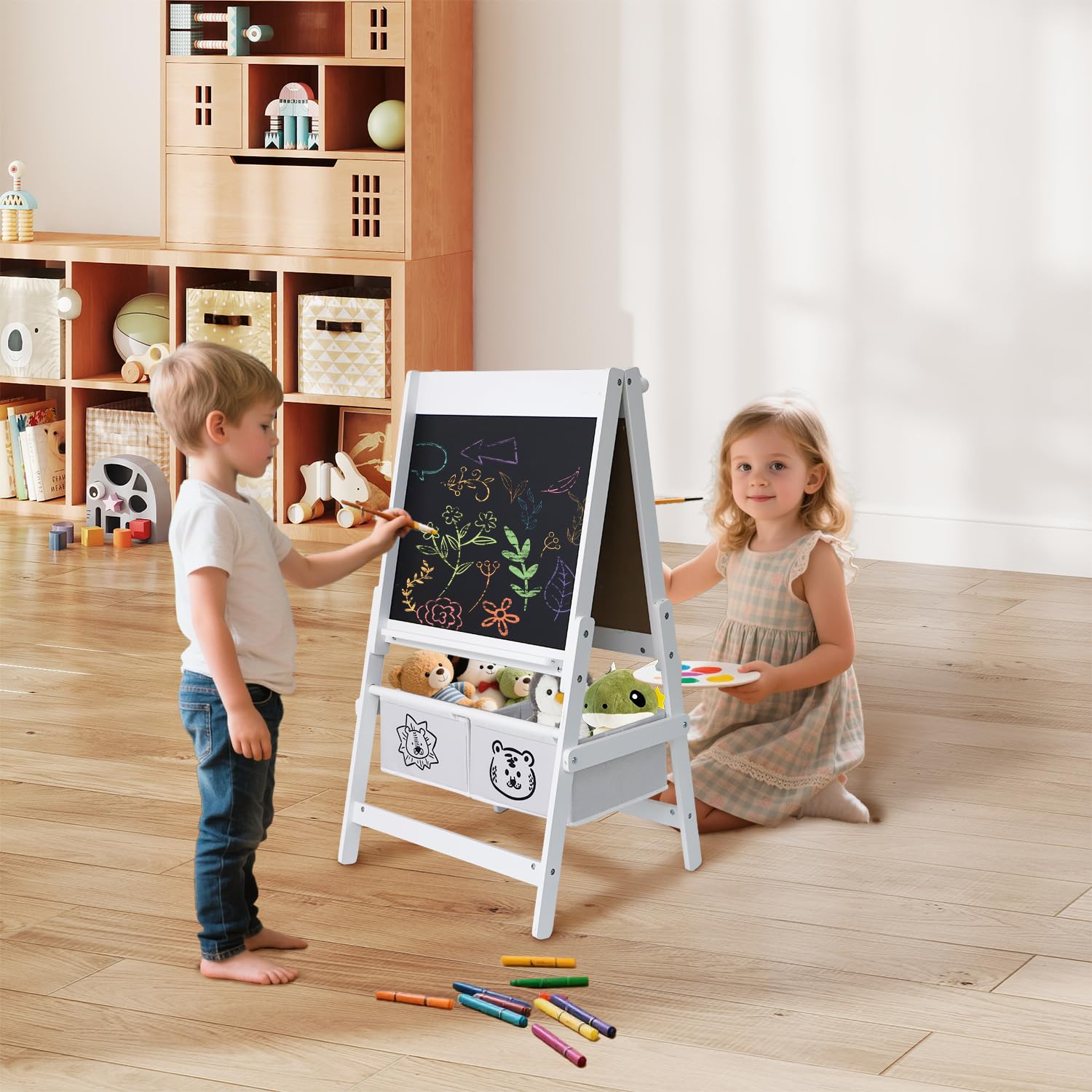 Kids Art Easel with Paper Roll, Double-Sided Wooden Chalkboard