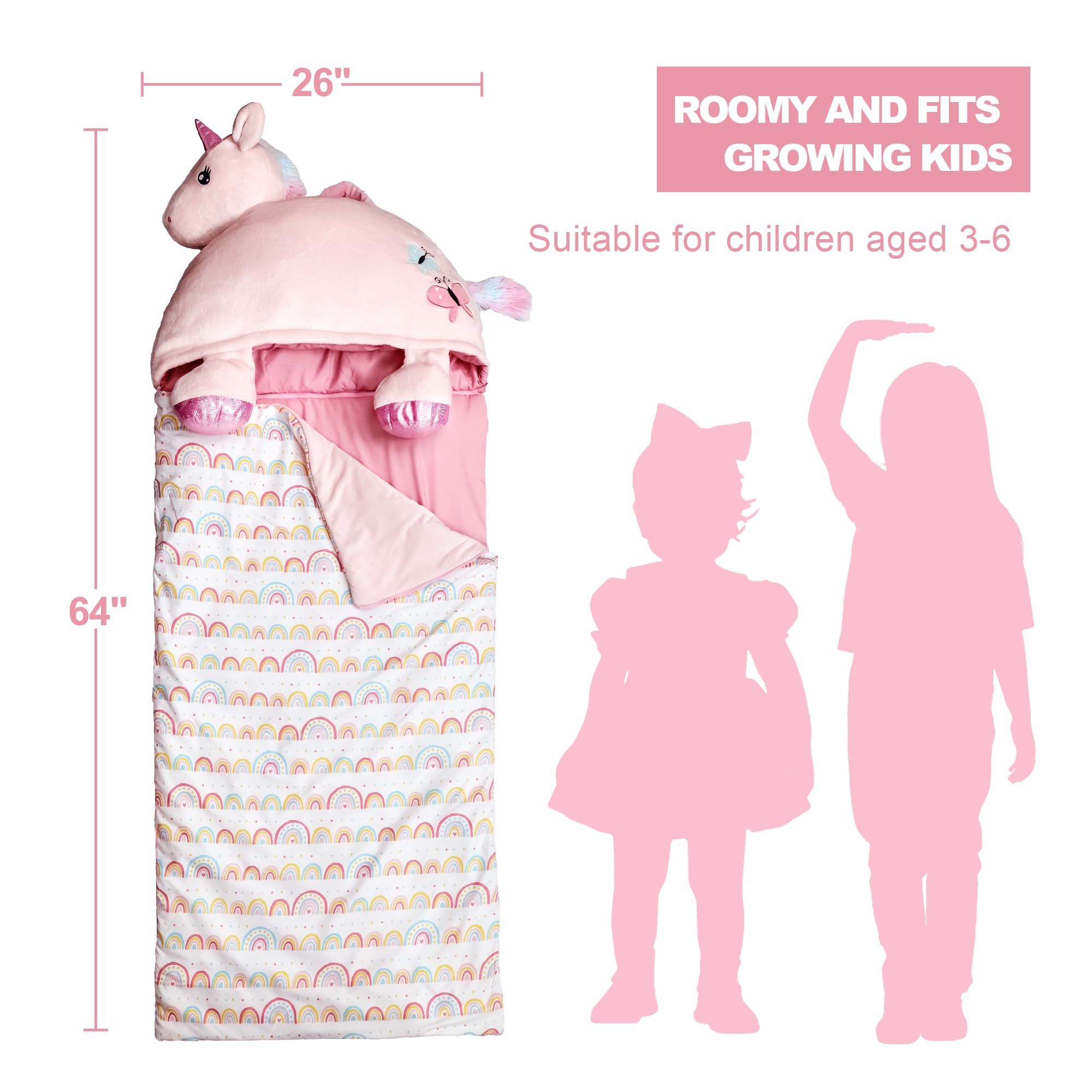 SHALALA NEW YORK Toddler Nap Mat with Pillow & Blanket for Girls, Sleeping Bag Nap Mat, Pink Horse Soft Plush Slumber Bag for Girls 64" x 26"