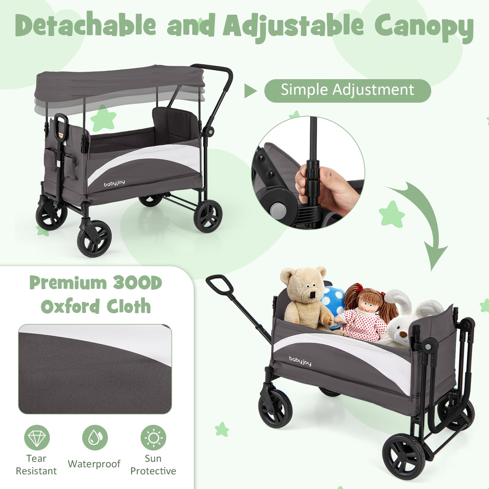 Collapsible Wagon Stroller for 2 Kids with Adjustable Canopy