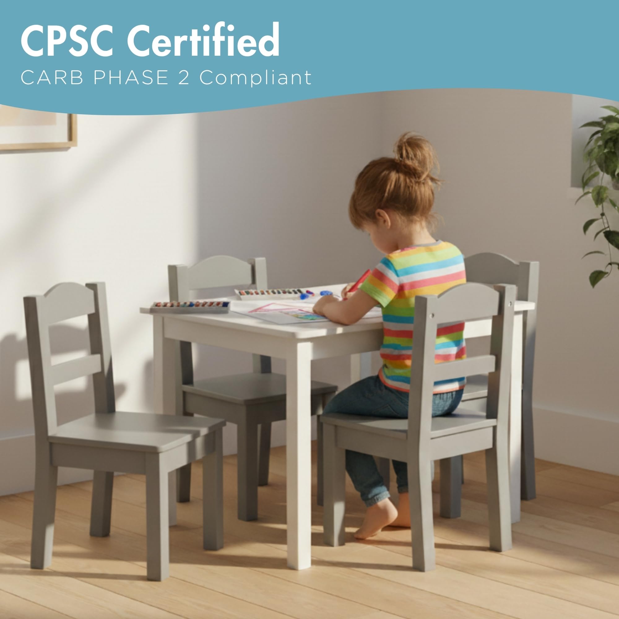 Kids Wooden Table and 4 Chairs Set White Grey