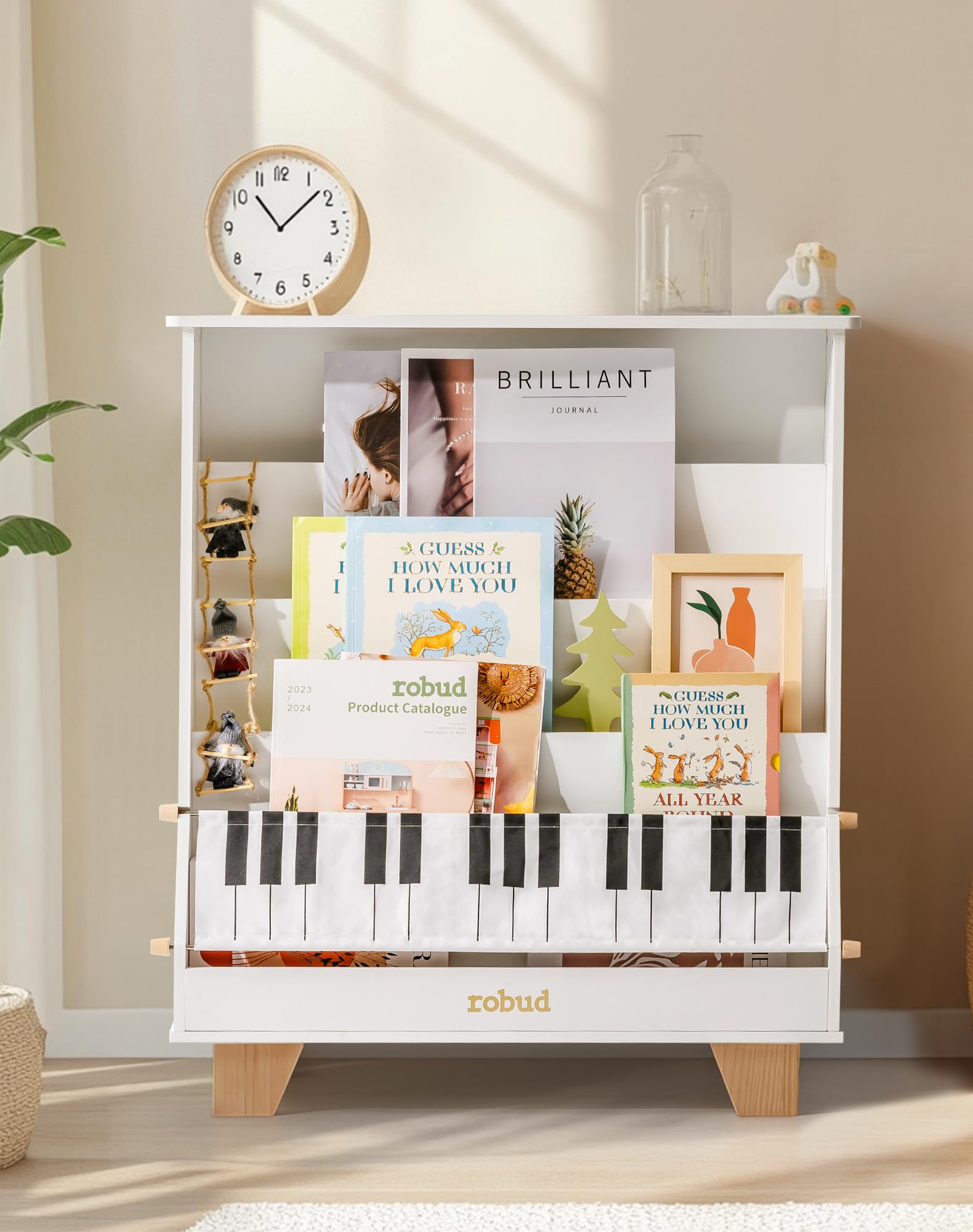Kids Bookshelf, White Wooden Book Shelf with Stability & Sturdiness