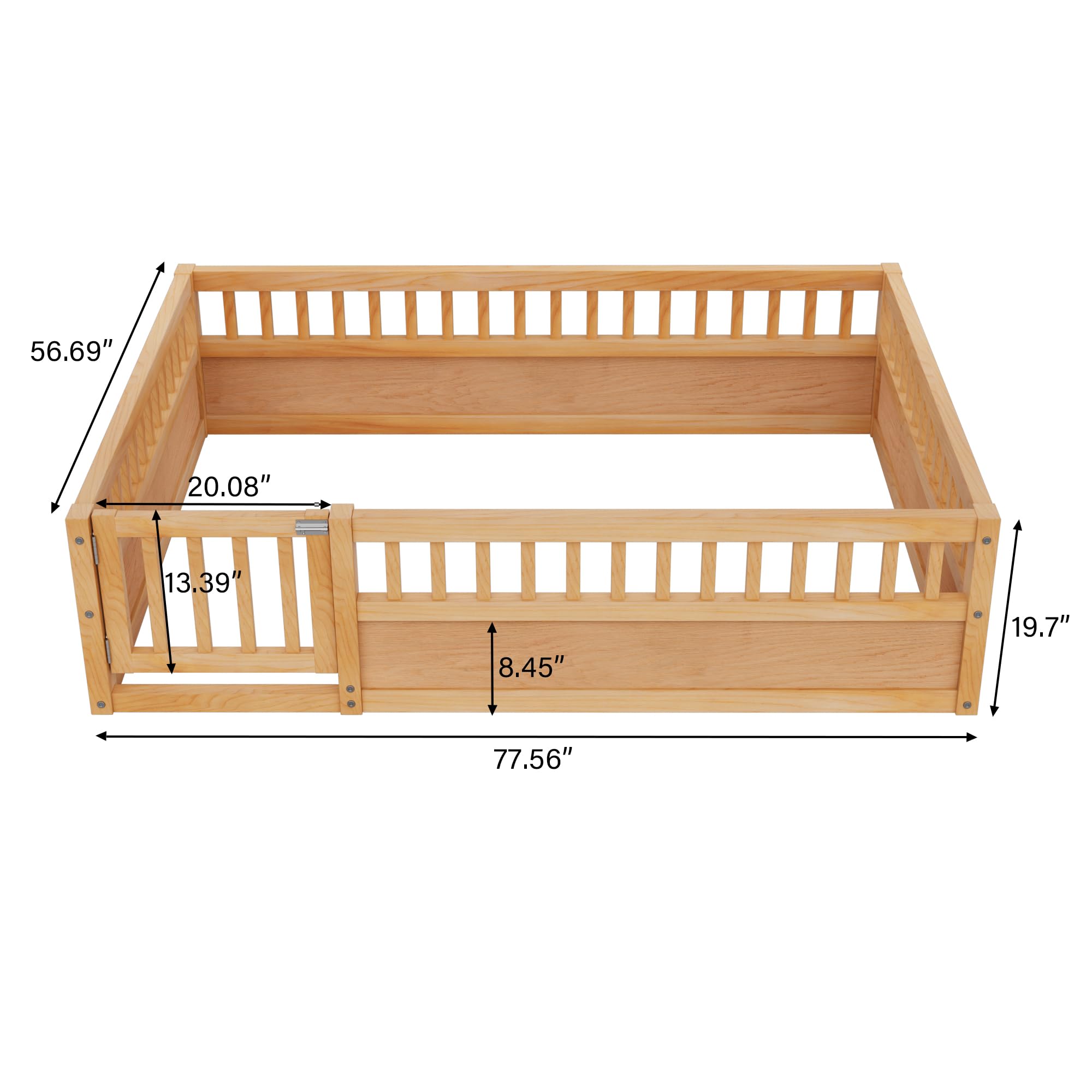 Full Size Floor Bed Frame with Convertible Door & Guardrails