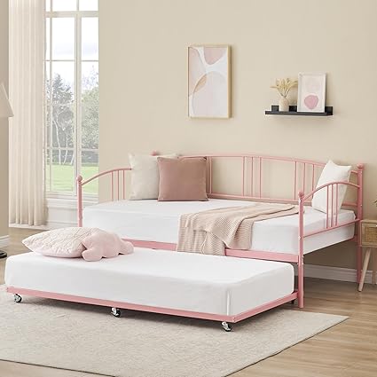 Daybed with Trundle, Metal Twin Size Day Bed