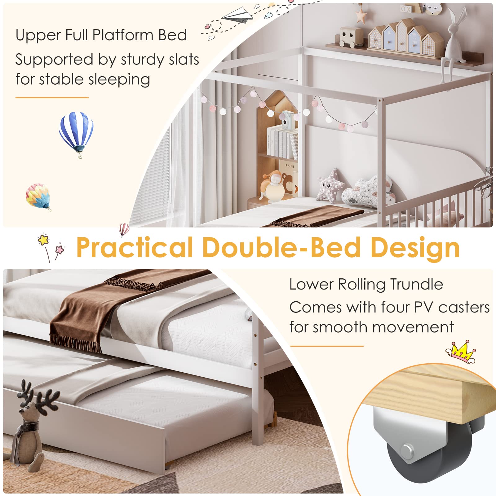 Full Size Canopy Bed with Trundle for Kids