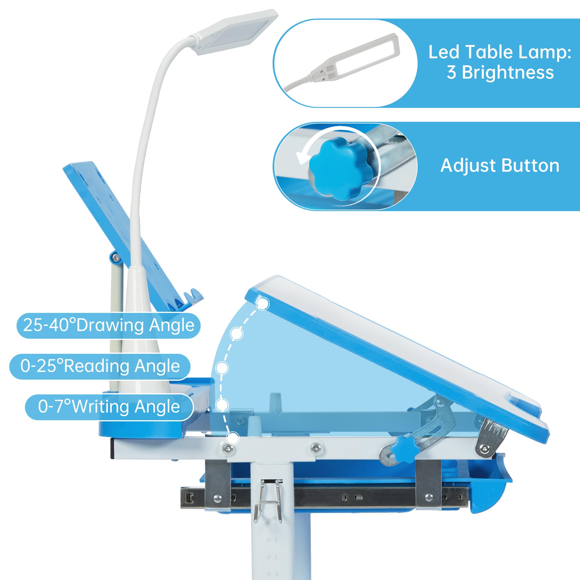 Kids Desk and Chair Set with Tiltable Desktop and LED Light