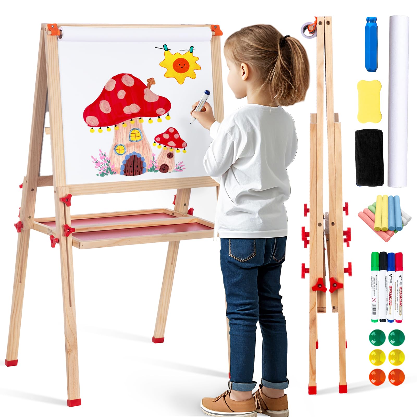 Adjustable Wooden Kids Easel with Paper Roll