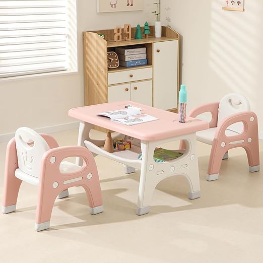 Kids Table and 2 Chairs Set, Toddlers Table and Chairs Set with Large Built-in Storage Shelf