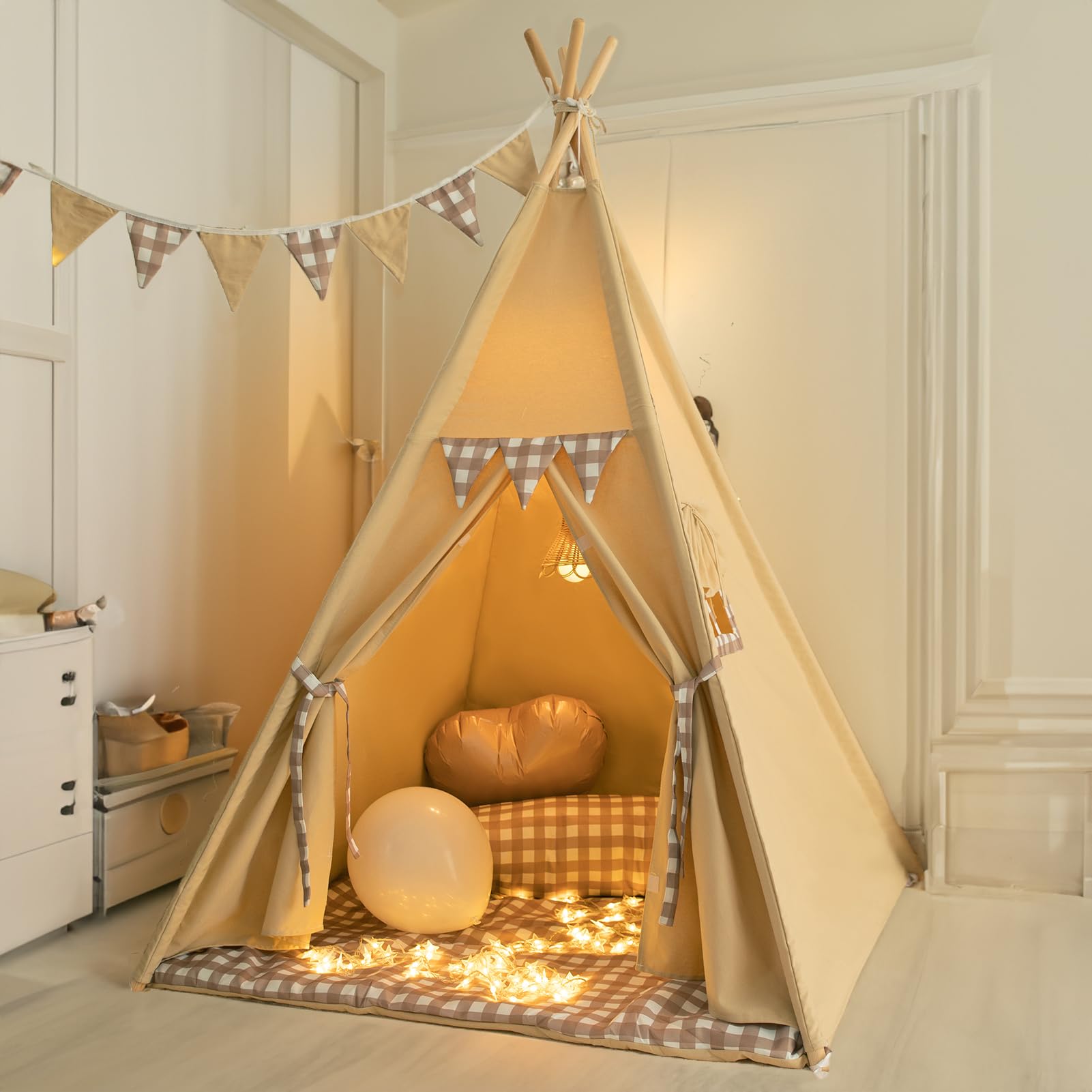 Kids Teepee Play Tent with Padded Mat and Lights